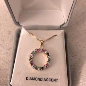 Sapphire, Emerald, Ruby and Diamond Accent Necklace 18kt over Sterling Silver